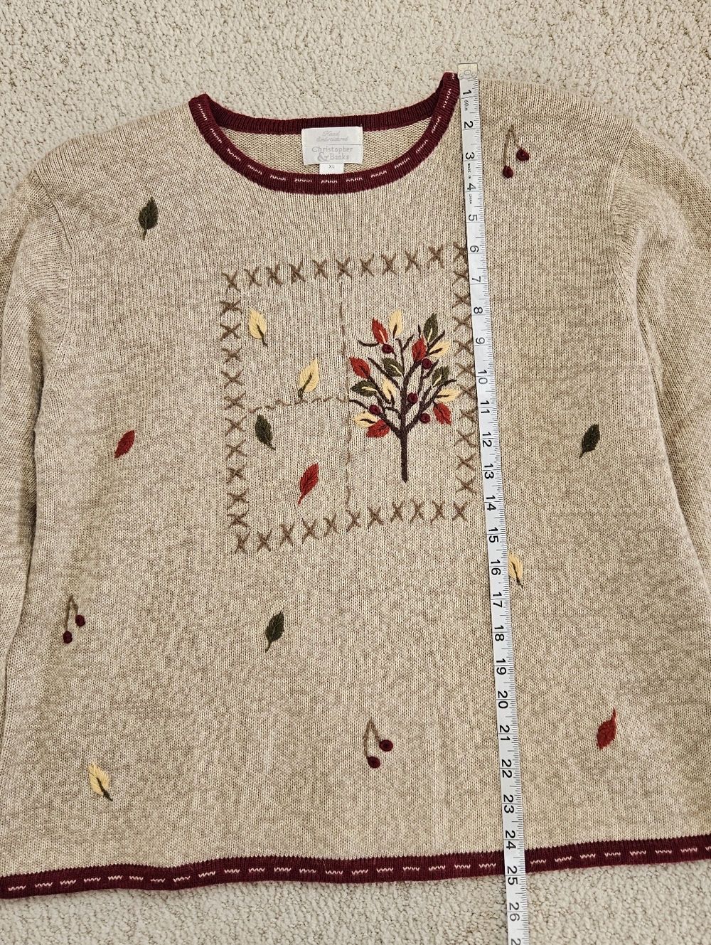 Vintage Christopher Banks Fall Sweater Womens XL Hand Embriodered Leaves Trees - Picture 7 of 11
